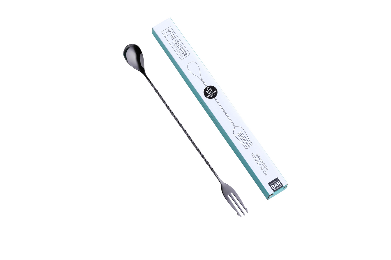 Bar Professional Barlepel met vork Trident 30 cm RVS Zwart